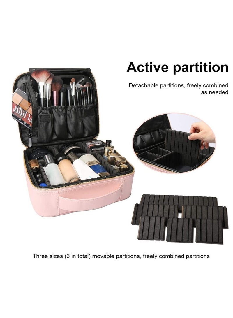 Large capacity travel makeup bag, waterproof Oxford cloth portable storage box/makeup case, cosmetic and brush organizer with adjustable dividers (pink) - Image 3